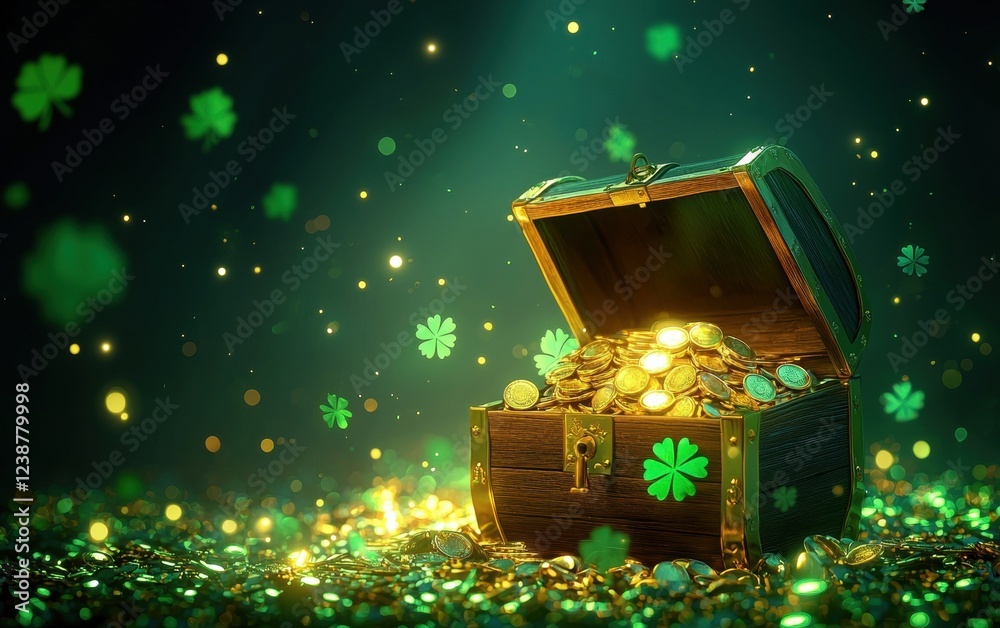 Fototapeta premium Rustic Saint Patrick Day theme with an old treasure chest of gold, glowing effects, and a warm text space
