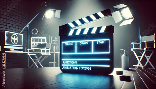 glowing clapperboard in a dark studio, symbolizing the start of animation footage. Generative AI
