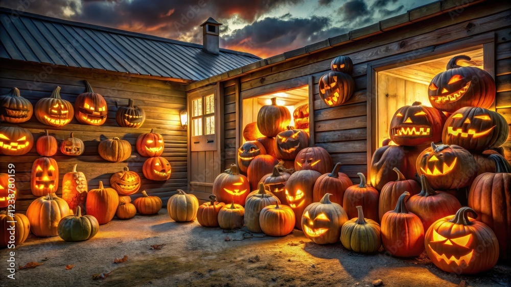 Obraz premium A collection of carved pumpkins lit from within to form a spooky and mystical scene on a garage wall, emitting an otherworldly glow in the darkness , darknight, ghostly effects