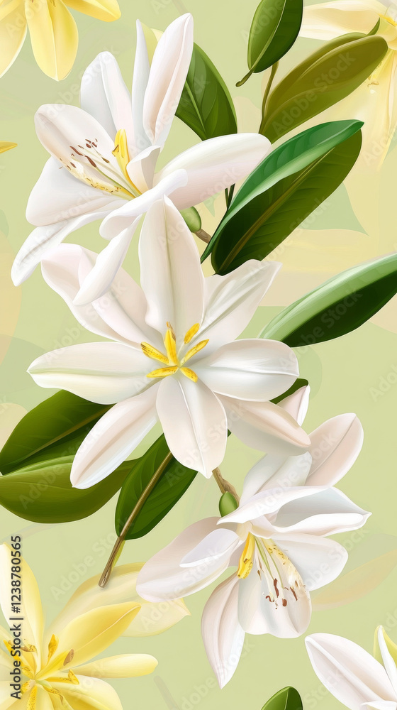 Obraz premium White lilies with green leaves on light background