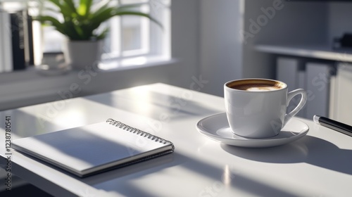 A cup of coffee and a notebook sit on a table, perfect for writing or studying