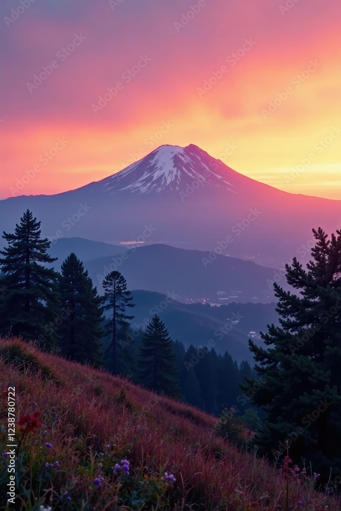 Fototapeta premium Soft orange hues fade into purple as Mount Tamalpais meets the sky, Trees, Mount Tamalpais, Hill