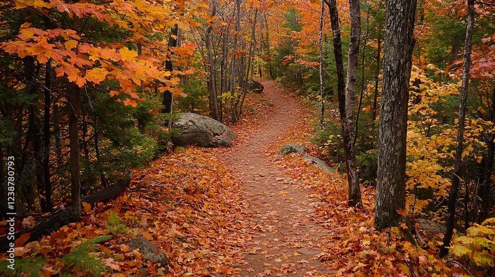 Obraz premium A serene autumn scene featuring a winding trail through a forest blanketed in vibrant orange, red, and yellow leaves. Tall trees with strong trunks frame the pathway, and scattered rocks and foliage a
