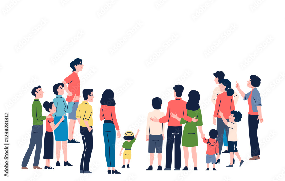 Obraz premium Crowd of people looking at something and pointing upwards. Unusual phenomenon, public interest and surprise. Isolated flat women men and kids, vector characters