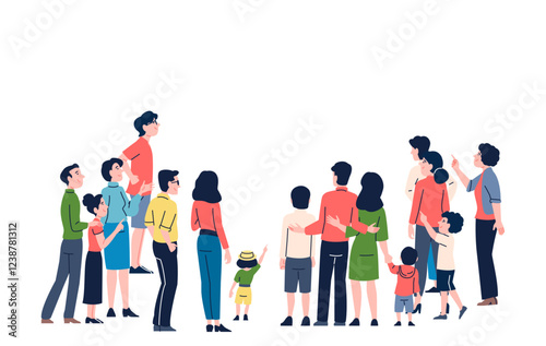 Crowd of people looking at something and pointing upwards. Unusual phenomenon, public interest and surprise. Isolated flat women men and kids, vector characters
