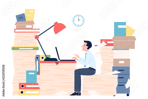 Office worker working at laptop. Paper piles, folders and different documents. Tax consultant, accountant, lawyer, teacher, paperwork vector scene