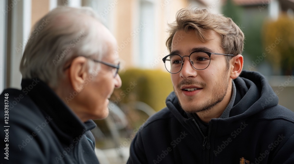 Young man and elderly man engaging in a conversation outdoors, wearing glasses and smiling Young man and elderly man engaging in a conversation outdoors, wearing glasses and smiling