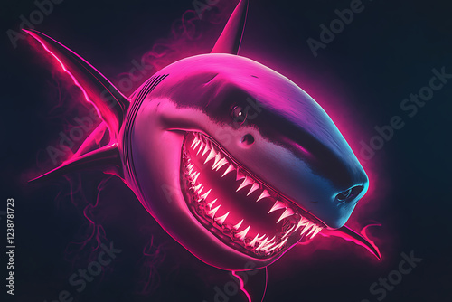 illustration of an abstract, neon shark in pop art style on a black background, a shark, shark, scary shark, neon, black background, dark background, 3d rendering photo