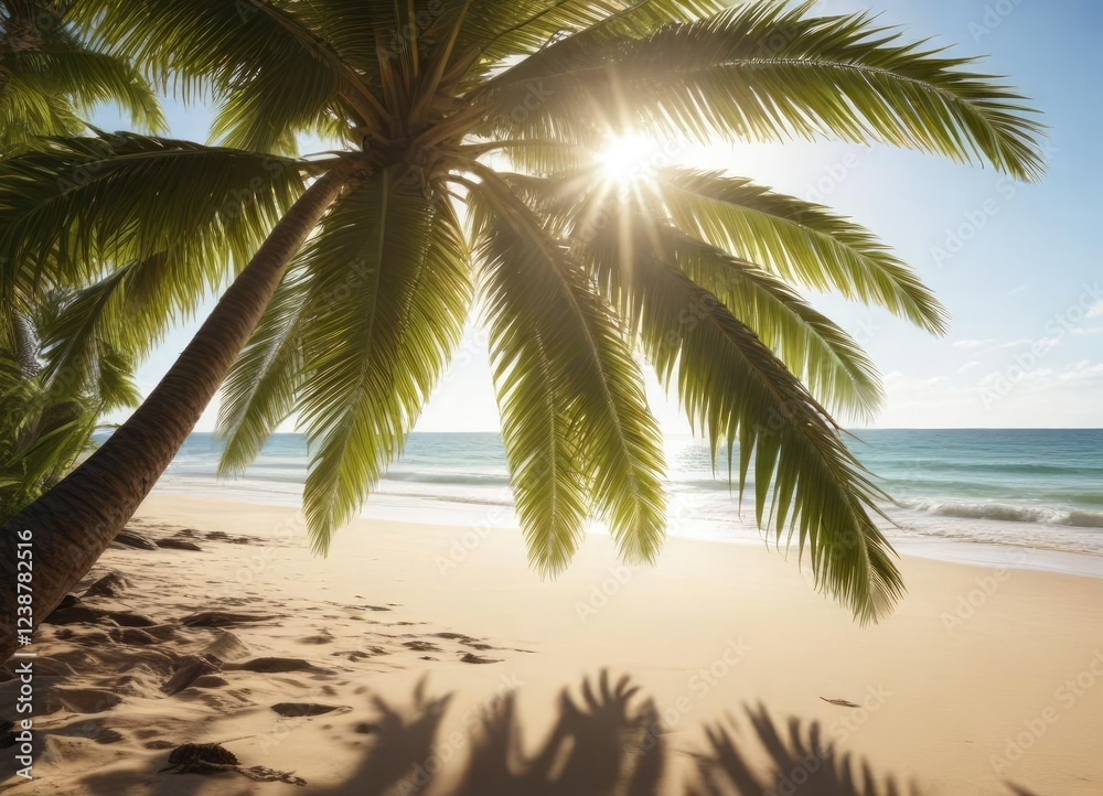 Sun shining through palm leaves on a sandy beach, coast, sunny day, summer Sun shining through palm leaves on a sandy beach, coast, sunny day, summer