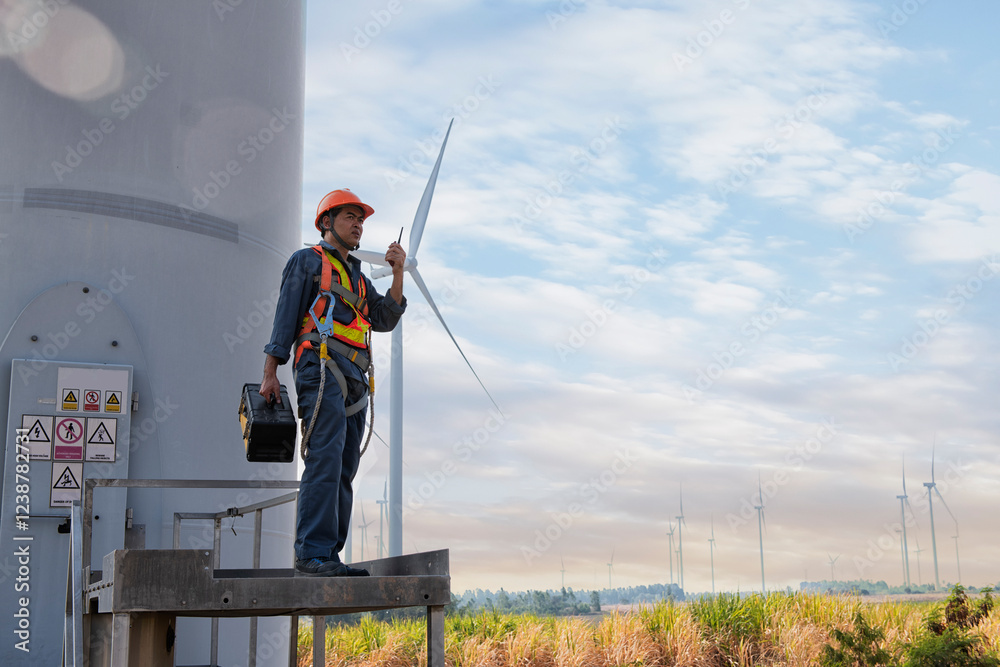 Person with wind turbine in the field. engineer with turbine in the wind. engineer with turbine Person with wind turbine in the field. engineer with turbine in the wind. engineer with turbine