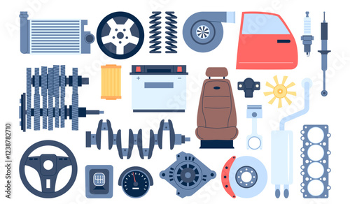 Mechanical spare parts for repair and assembly. Different mechanism, battery wheel, car door and chair, gearbox and speedometer. Gears recent vector clipart