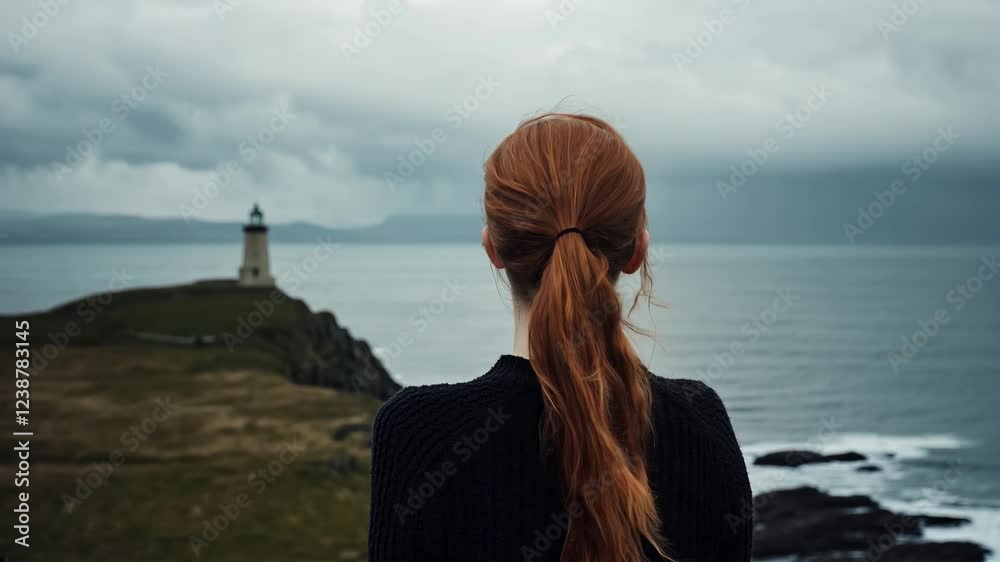 Femme rousse de dos regardant un paysage avec une falaise au bord de mer et un phare.