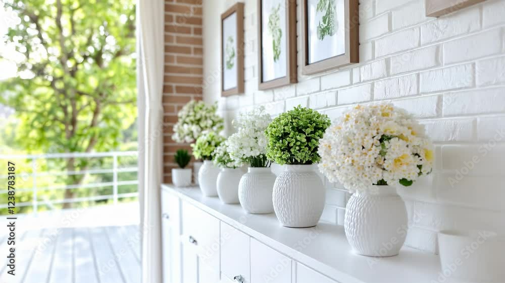 Pots de fleurs sur une commode dans une pièce de vie ensoleillée avec vue sur la nature.