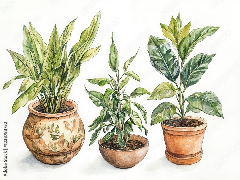 Obraz premium watercolor botanical illustration collection featuring lush houseplants, detailed leaves and natural terracotta pots