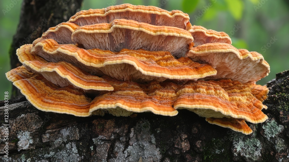 Large vibrant orange and brown shelf fungi growing on a tree trunk in a forest Large vibrant orange and brown shelf fungi growing on a tree trunk in a forest