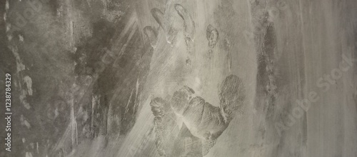 Palm print wall illustration. Dark picture from nightmares. Hazy stone landscape photo