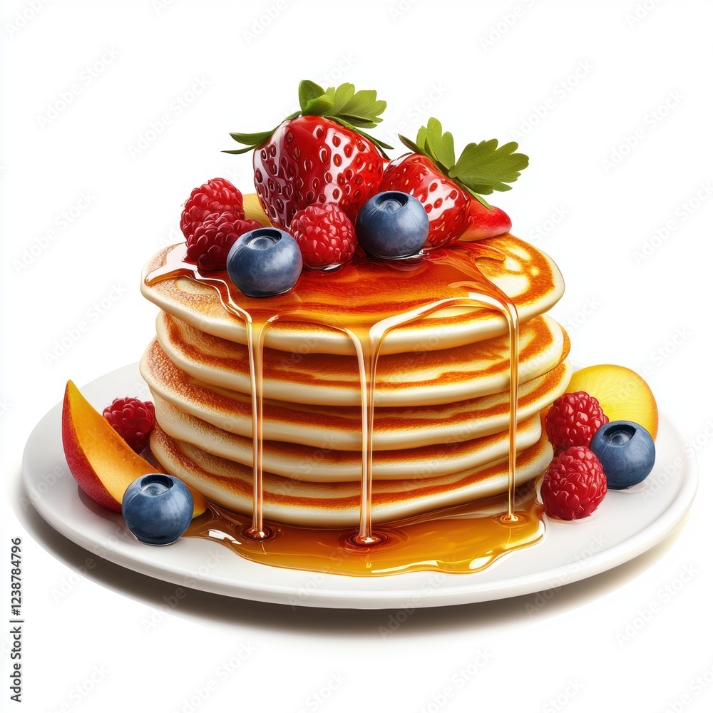 custom made wallpaper toronto digitalStack of fluffy pancakes with syrup drizzling and fruit splashes on white background
