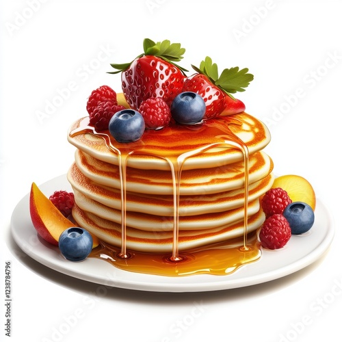 Wallpaper Mural Stack of fluffy pancakes with syrup drizzling and fruit splashes on white background Torontodigital.ca