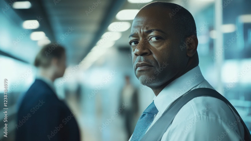 Fototapeta premium Serious businessman hallway portrait, colleagues blurred background, corporate