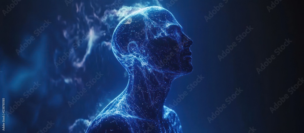 Digital Man, Blue Energy, Smoke Background, AI Concept Digital Man, Blue Energy, Smoke Background, AI Concept