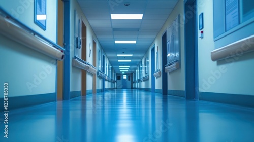 Wallpaper Mural Empty hospital corridor, blue floor, receding perspective, medical facility, healthcare Torontodigital.ca