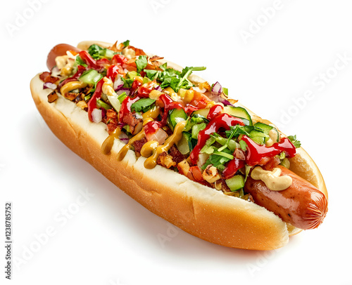 A Delicious and Flavorful Gourmet Hot Dog Loaded with Toppings photo