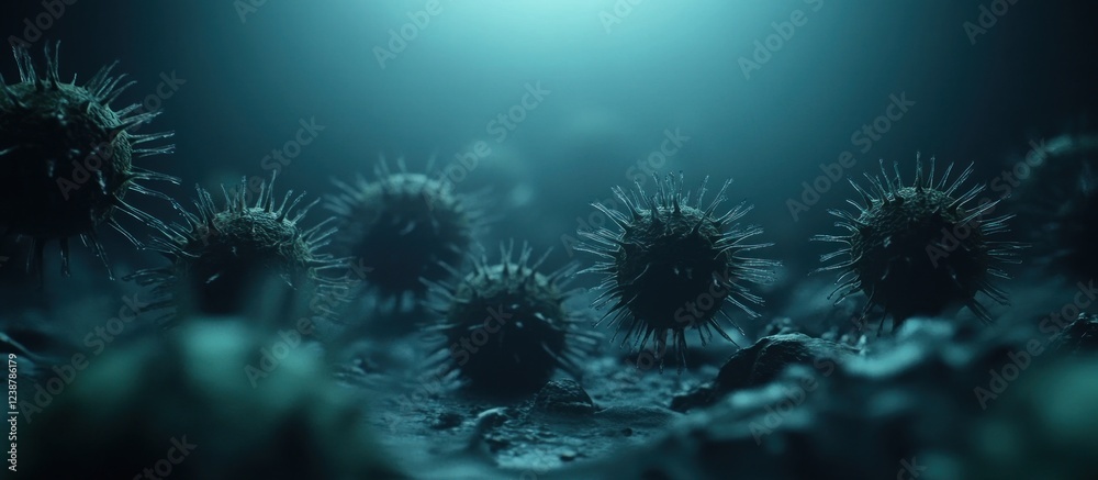 Fototapeta premium Microscopic virus cluster, dark surface, glowing background, medical illustration