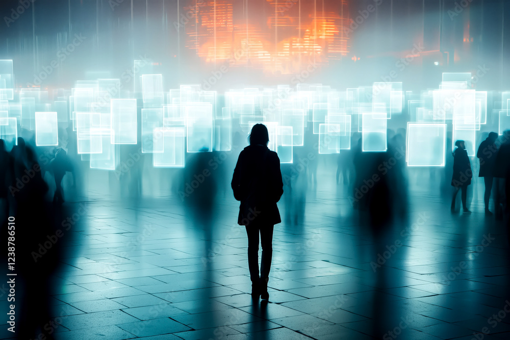 Solitary figure amidst glowing rectangles and blurred figures. Solitary figure amidst glowing rectangles and blurred figures.