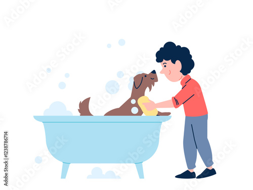 Kid wash dog. Little boy caring about his puppy. Bath time for pet, animal sitting in bath and has hygiene procedure. Grooming and care recent vector scene