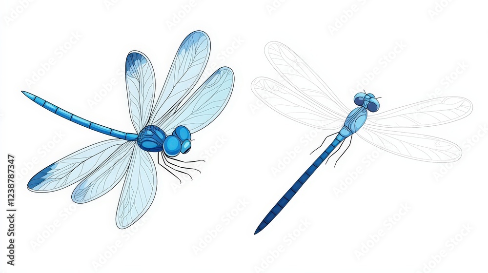 Vibrant Blue Dragonflies with Detailed Wings and Body Structures on a Clean Background
