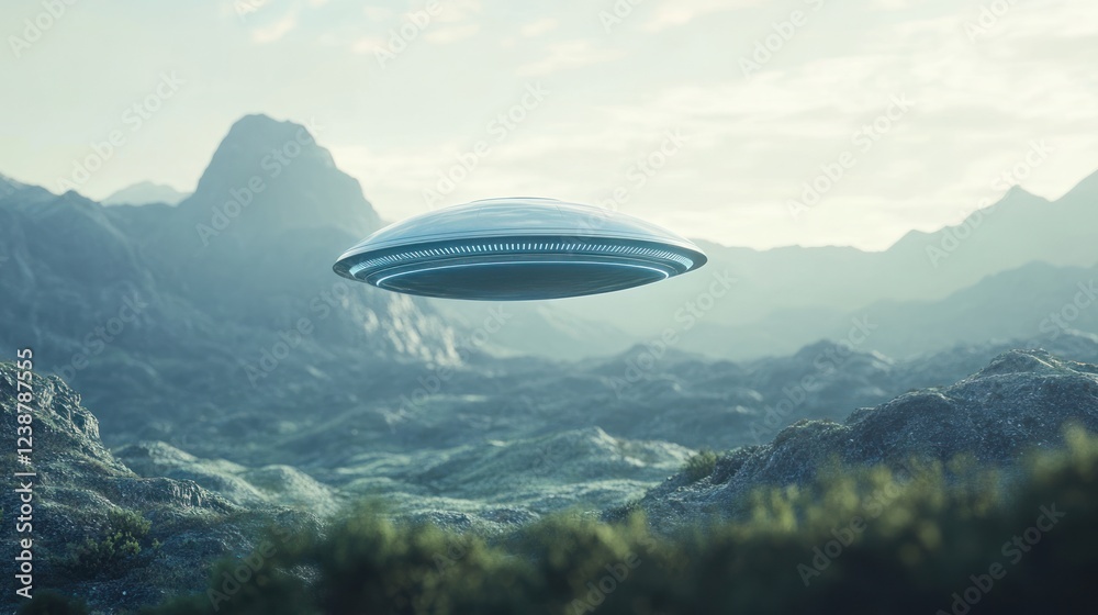 Fototapeta premium Unidentified Flying Object Hovering Over Mountainous Landscape
