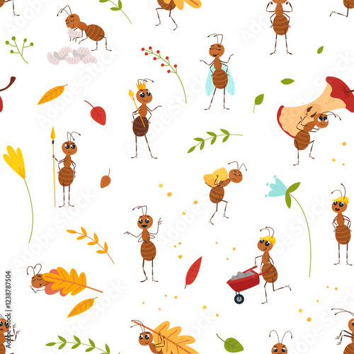 Cartoon ant seamless pattern. Cute ants various activities, isolated forest and garden insects characters. Print design for fabric or wrapping, classy vector background
