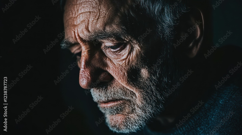 Obraz premium Elderly man, pensive portrait, dark room, low light, emotional