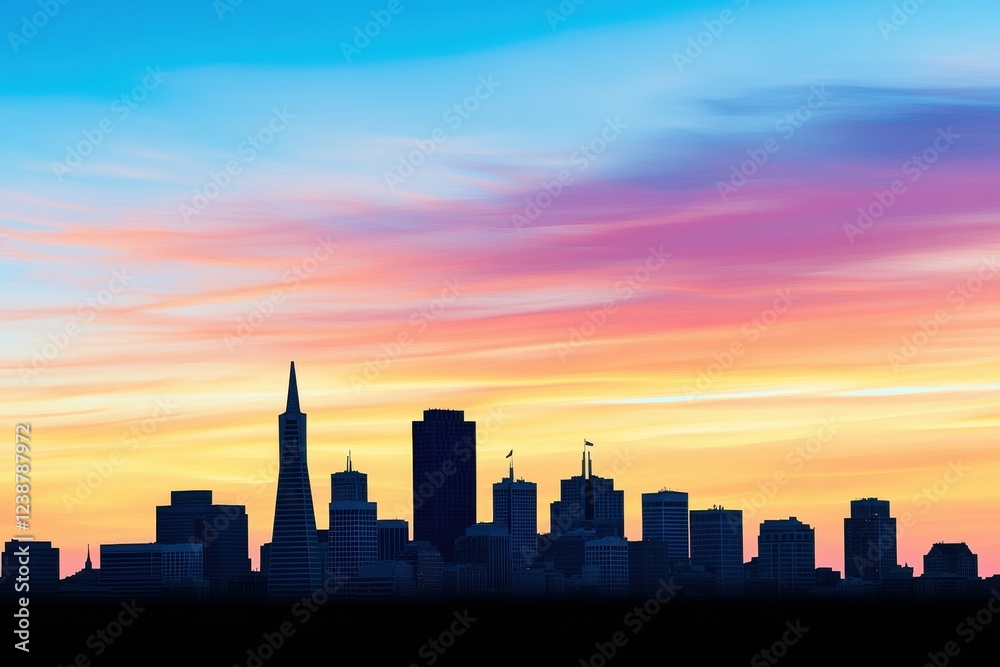 Naklejka premium Vibrant Sunset Over San Francisco Skyline with Colorful Clouds