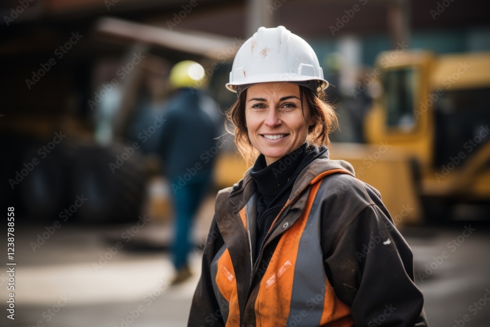 Smiling female construction worker standing next to heavy machinery
