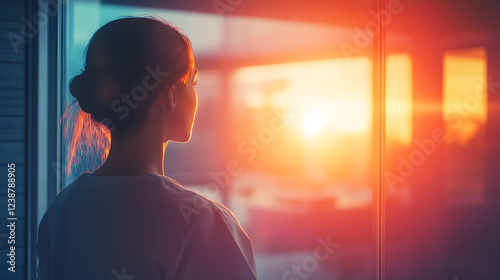 nurse looking out a hospital window blended with a sunrise and abstract healing light effects 
