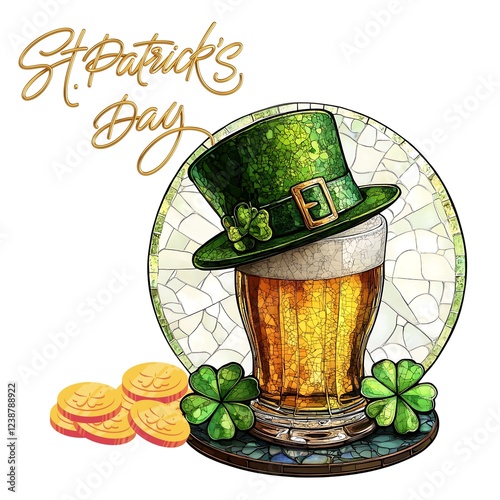 A vibrant St. Patrick's Day card featuring a mosaic-style beer mug with foam, golden coins adorned with shamrocks, and the festive inscription 