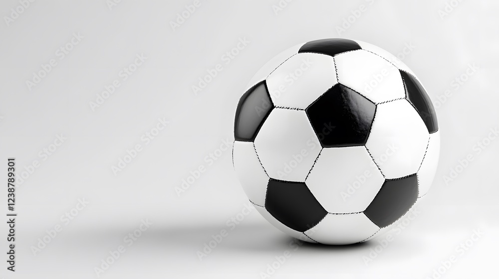 Naklejka premium 80. A smooth black and white soccer ball, clean and simple, positioned on a white backdrop