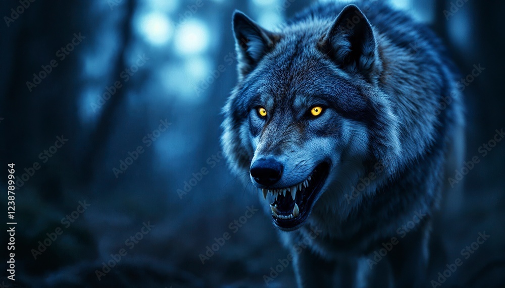 Fierce Gray Wolf Night Portrait Glowing Eyes Dark Forest Fierce Gray Wolf Night Portrait Glowing Eyes Dark Forest