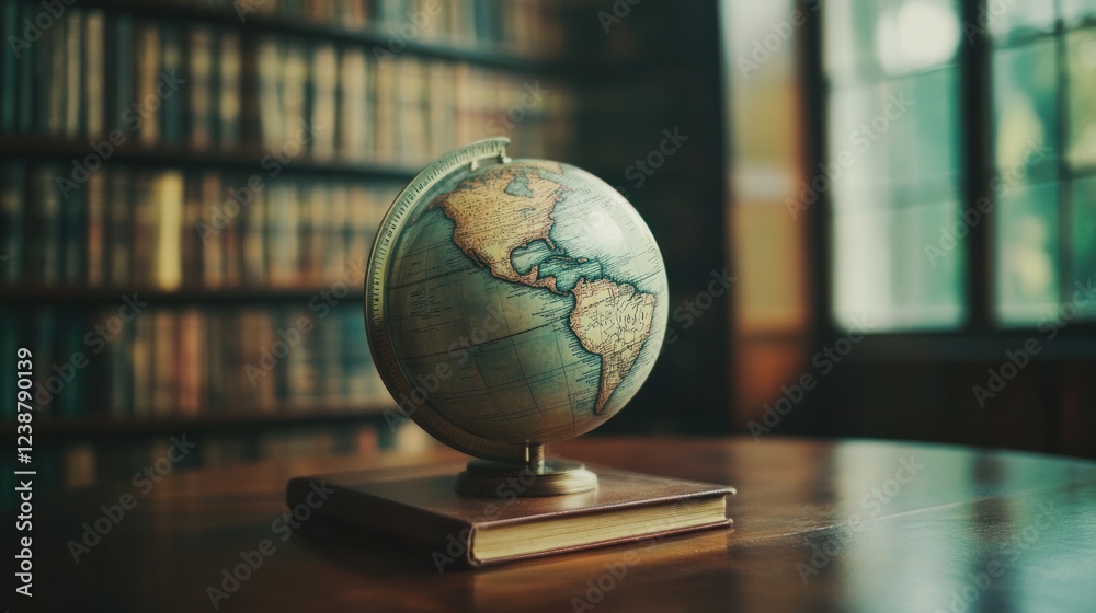 Globe rests on book in library, sunlight streams through window Globe rests on book in library, sunlight streams through window