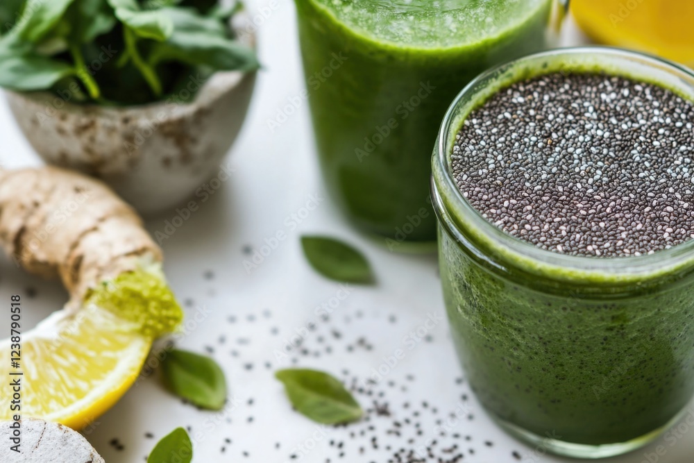 Two glasses filled with healthy green smoothies Two glasses filled with healthy green smoothies