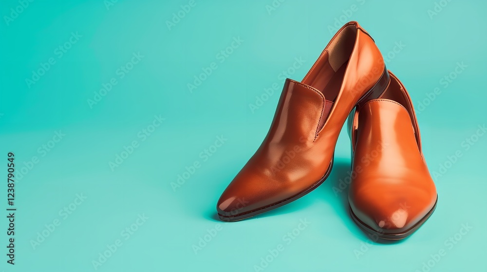 A pair of shoes made of brown leather, isolated against a vibrant backdrop, Generative AI. A pair of shoes made of brown leather, isolated against a vibrant backdrop, Generative AI.