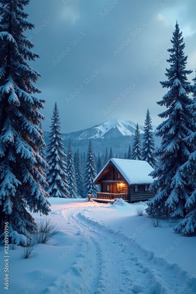 Snowy forest landscape with a wooden cabin in the distance, snow, dark sky, trees Snowy forest landscape with a wooden cabin in the distance, snow, dark sky, trees