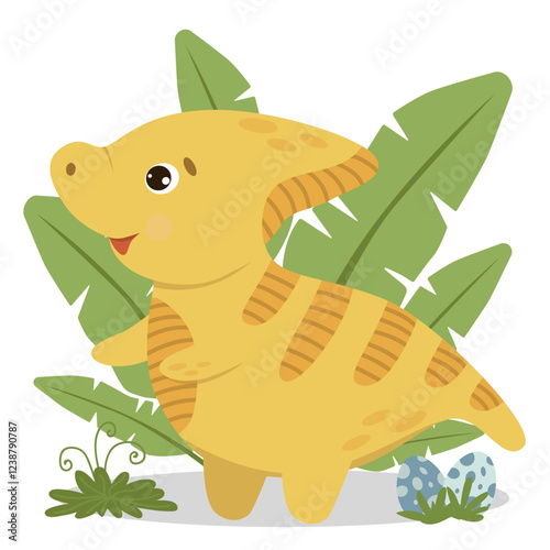 Adorable dinosaur and prehistoric plants for greeting card design, congratulations and invitation card making. Vector dinosaur set.