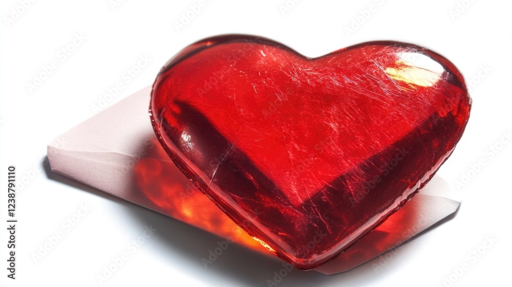 A small red heart-shaped candy sits on top of a plain white paper, perfect for decorating or as a sweet treat A small red heart-shaped candy sits on top of a plain white paper, perfect for decorating or as a sweet treat