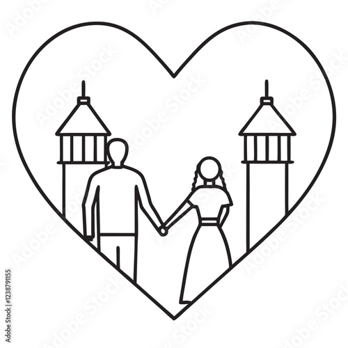 A romantic cityscape with couples holding hands and heart-shaped lanterns