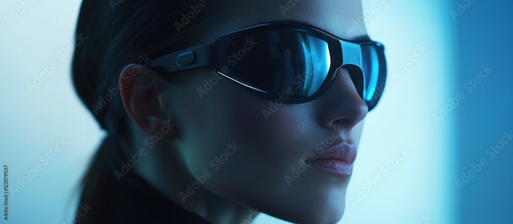 Woman wearing futuristic sunglasses, profile view, blue background, tech concept