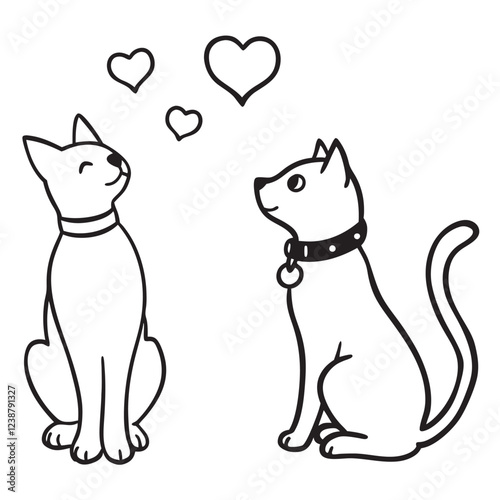 A cat and dog sitting together with heart collars, looking up at floating hearts