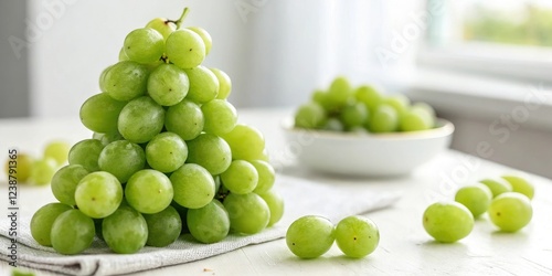 Stack of fresh green grapes arranged in a staggered pattern on a white background with soft focus effect, juicy, background, soft focus, food photo