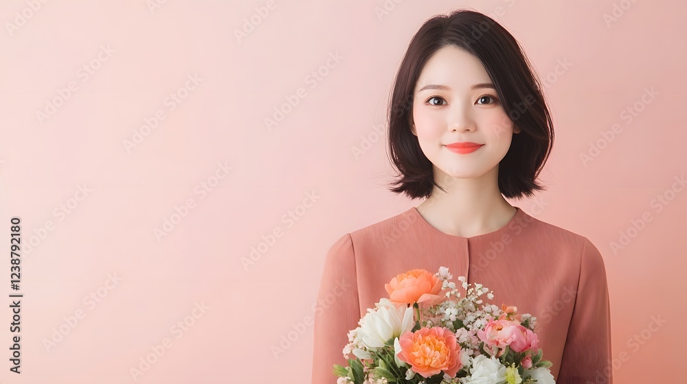 Elegant Asian Woman Holding a Vibrant Floral Bouquet Against Pastel Peach Background Elegant Asian Woman Holding a Vibrant Floral Bouquet Against Pastel Peach Background